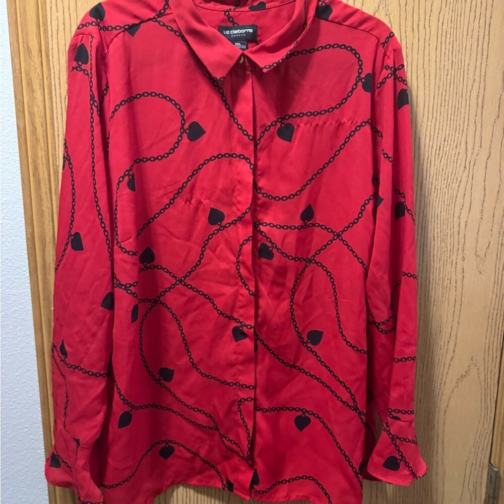Liz Claiborne Red Shirt with Black Chain Design